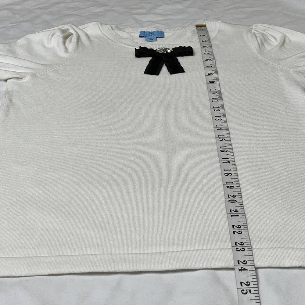 CeCe Crystal Bow Front Ruffle Cuff Sweater Top White Black Coquette Casual M - Picture 13 of 15